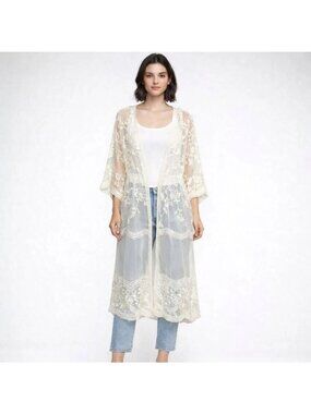 Dizzy Gal Cream Mesh Embroidered Lace Women’s Duster / Cover-Up Size XL